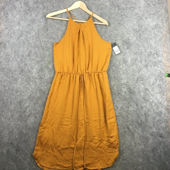 Mossimo Dress S Casual Cocktail Halter Mustard Gold Sleeveless A Line Drawstring - Picture 1 of 16